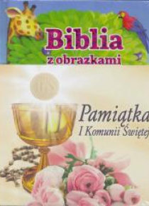 Pamiątka I Komunii Św - Biblia z obrazkami róż.
